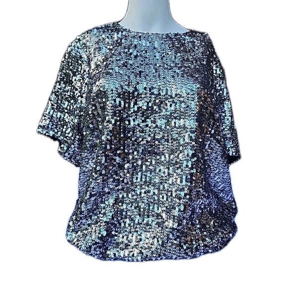 Express Silver Sequin Sparkly Party Disco Lined Short Sleeved Top Shirt Size XL - Picture 8 of 8